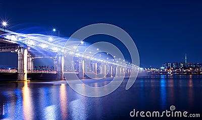 Rainbow fountain show at Banpo Bridge in Korea. Stock Photo