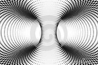 Black and white dotted spiral tunnel. Striped twisted spotted optical illusion. Abstract halftone background. 3D render. Stock Photo