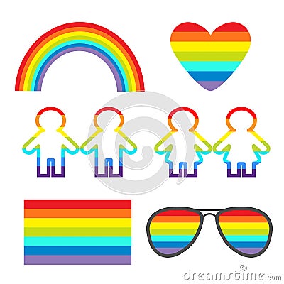 Rainbow gasses, heart, sunglasses, flag, girl boy pictogram icon set. Gay marriage. LGBT pride sign symbol. Flat design. White bac Vector Illustration