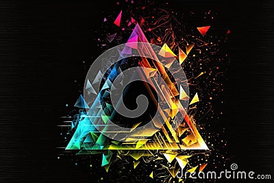 Rainbow glitched triangle on black background, geometric cyberpunk background. Generative ai Stock Photo