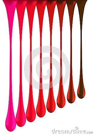 Rainbow glossy red paint drop blobs isolated on white. vector. 3d illustrator. Falling nail polish drops. Gradient mesh Vector Illustration