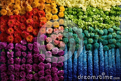 rainbow gradient formed by rows of different flowers Stock Photo