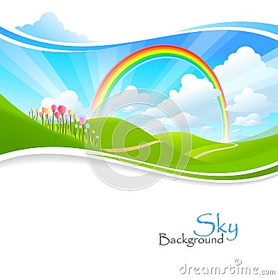 Rainbow , Green hills and Blue Sky Vector Illustration