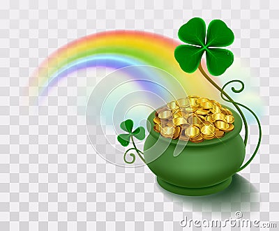 Rainbow, green leaf lucky clover and pot full of gold Vector Illustration