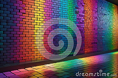 Rainbow Harmony: Generative AI Technology Crafts a Wall with Gleaming Bricks Arranged in Rows Stock Photo