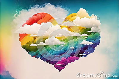 Rainbow heart cloud. Love cloud in the sky. LGBT love background. Queer rainbow heart poster. Generative AI Stock Photo