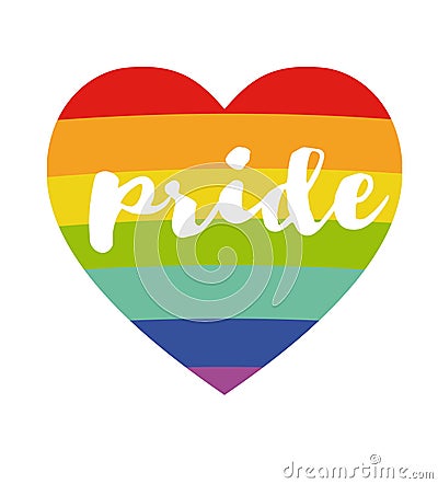 Rainbow heart with handwritten word `pride` poster. LGBT concept. Rainbow and handwritten text. Lettering for poster, banner, ca Stock Photo