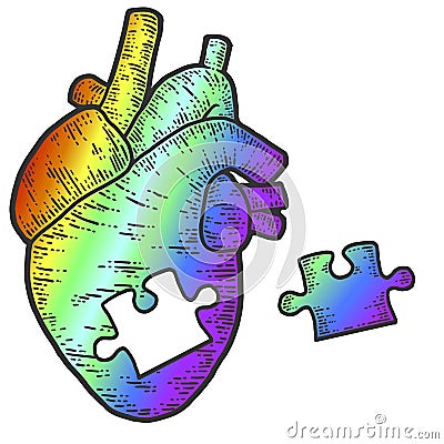 Rainbow heart puzzle. Sketch scratch board imitation color. Cartoon Illustration