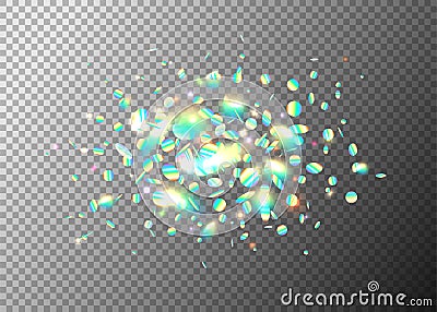 Rainbow holographic effect background with glitter, neon, light foil particles. Iridescent round shape fraction at the Vector Illustration