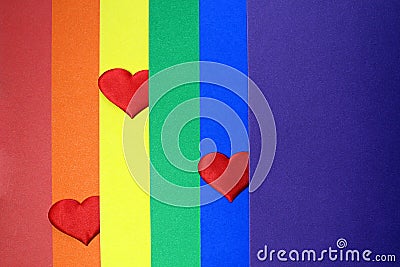 Rainbow homosexual color background with red hearts Stock Photo