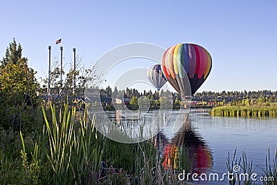 Rainbow Hot Air Ballon At Old Mill Bend, Oregon Stock Photo