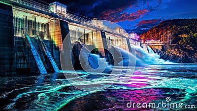 Rainbow Hydro Power: Nighttime Spillway Illumination, generative ai Stock Photo