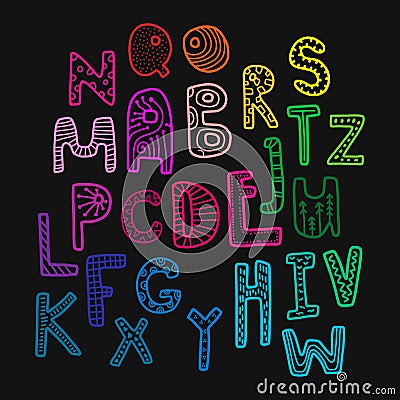 Rainbow kids decorative font crazy letters hand drawn illustration alphabet Vector Illustration