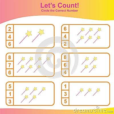 Count and Match magical stick Game for kids. Preschool counting game. Math Worksheet for Preschool. Vector Illustration