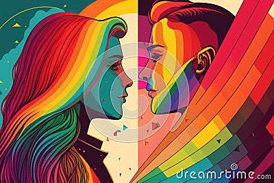 Rainbow LGBTQ couple, concept of bisexuality, freedom and love. Generative AI Stock Photo