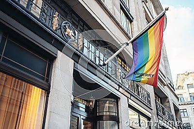 Rainbow LGBTQ flag at Burberry Shop in London on Regents street Editorial Stock Photo