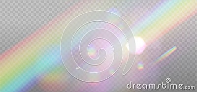 Rainbow light prism effect layer, transparent overlay background. Hologram reflection, crystal flare imposition. Vector Vector Illustration