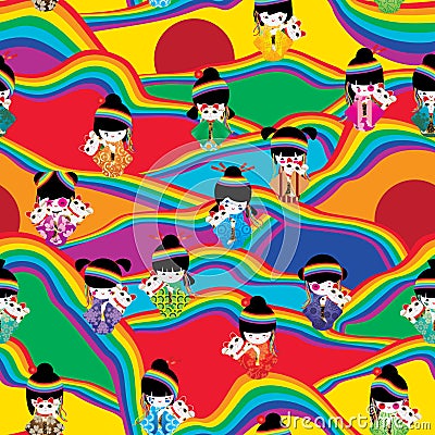 Rainbow line hill japan doll maneki seamless pattern Vector Illustration