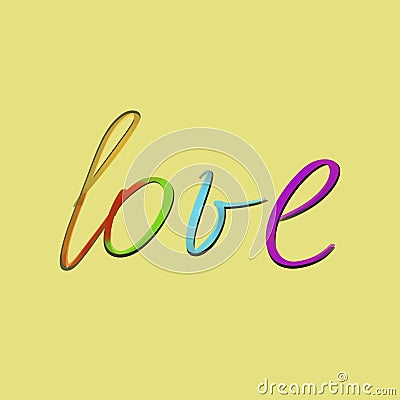 Rainbow love text on yellow background. Love concept. Postcard, card, banner, font design. Lettering. Handwriting Stock Photo