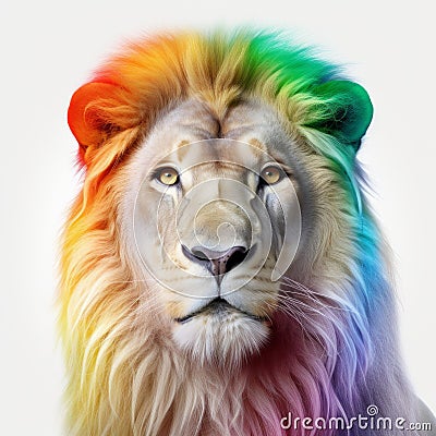 Rainbow Maned White Lion: Conceptual Digital Art By Martin Creed And George Christakis Stock Photo