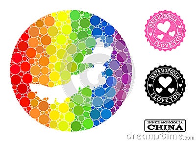 Rainbow Mosaic Stencil Circle Map of Inner Mongolia and Love Grunge Seal for LGBT Stock Photo