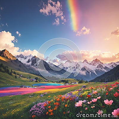 Rainbow in the mountains. Landscape with summer flowers. Sunny weather. Zemo Svaneti, Georgia, Caucasus made Stock Photo