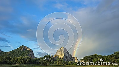 Rainbow mountains sky rock outdoor, sunlight, tree, thailand, natural, green, field, grass, countryside, heaven, over, blue, mount Stock Photo