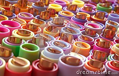 Rainbow of multicolor tubes and gold cylinder. 3D background Stock Photo