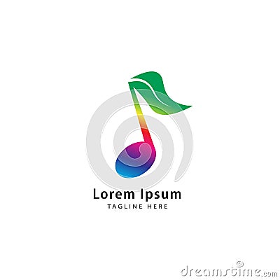 Rainbow musical note with leaf vector illustration. Seed Sprout, Growth, Growing, Harmony, music and nature logo concept. Cartoon Illustration