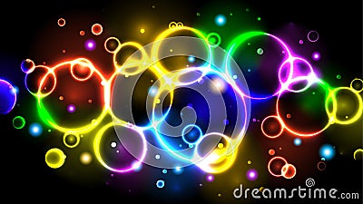 Rainbow neon color bright bubbles, abstract multicolor background with circles, sparkles, bokeh Vector Illustration