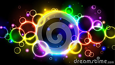 Rainbow neon color bright bubbles, abstract multicolor background circles, sparkles and bokeh Vector Illustration