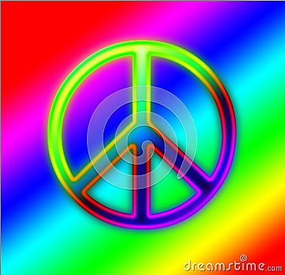 Rainbow neon peace sign Stock Photo