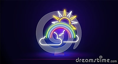 Rainbow neon sign, bright sign, light banner. Rainbow with clouds and sun on a stand.Logo colors, logos. Vector Vector Illustration