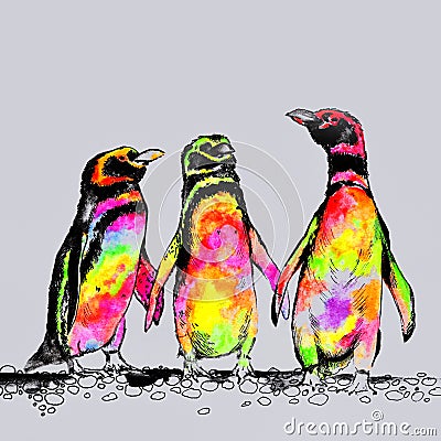 rainbow neon watercolor penguins illustration Cartoon Illustration