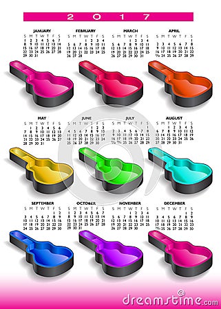 2017 rainbow of nine guitar cases calendar Vector Illustration