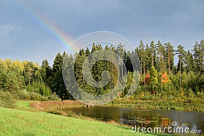 The rainbow over forest at countryside. Stock Photo