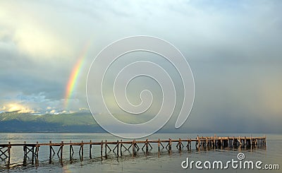 Rainbow over Great lake prespa, macedonia Stock Photo