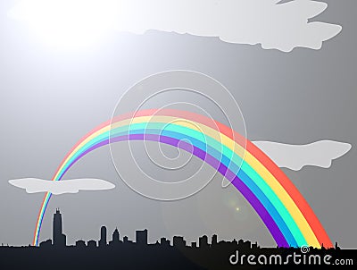 Rainbow over grey cloudy city skyline Vector Illustration