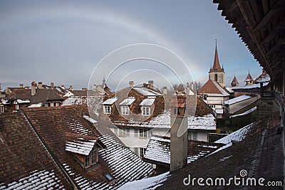 Rainbow over Medieval town of Murten, Switzerland, Europe Stock Photo