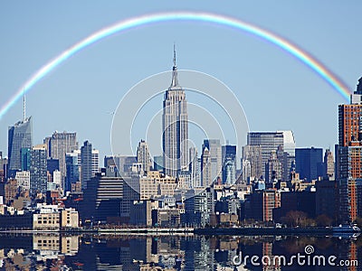 Rainbow over New York skyline Stock Photo