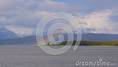 Rainbow over Point Retreat Lighthouse Stock Photo