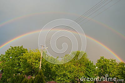 Rainbow over the trees and phone line Stock Photo