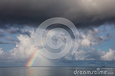 Rainbow Over Tropical Pacific Ocean Stock Photo