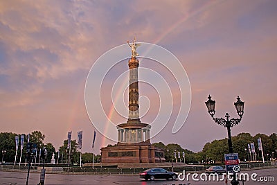 Rainbow over Victory Column (Siegessaule), Berlin Editorial Stock Photo