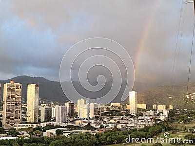 Rainbow Over Waikiki Beach Hotels Stock Photo