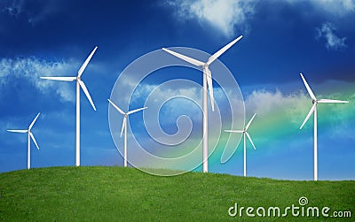 Rainbow over Windfarm Stock Photo