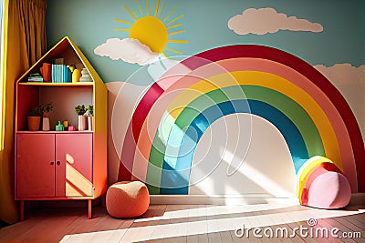 a rainbow-painted wall in a sunny children's playroom. Stock Photo