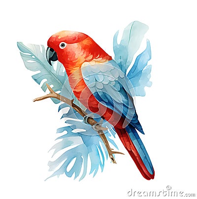 Rainbow parrot, on a twig, a beautiful wavy parrot in rainbow colors, isolated on a white background. Watercolor parrot Vector Illustration