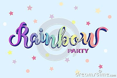 Rainbow Party text as logotype, badge, patch and icon isolated on blue background. Stock Photo