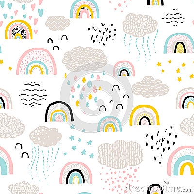 Rainbow pattern. Childish vector seamless pattern with sky, clouds, rain, stars. Cute hand-drawn illustration in Vector Illustration